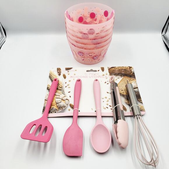 NWT Pink Silicone 5-piece Utensil Set & 6 Set of Cowgirl Print Bowls Youth Girls - Picture 2 of 7